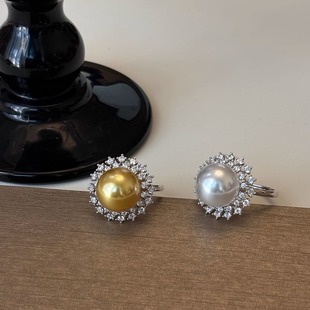 高级感贵气人造澳白南洋金珍珠大珍珠太阳花戒指s925纯银开口指环