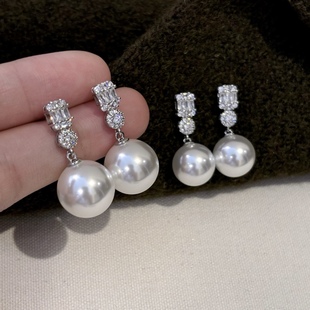 戴妃施家澳白真多麻灰珍珠耳钉耳环s925银针轻奢气质中长款 耳饰女