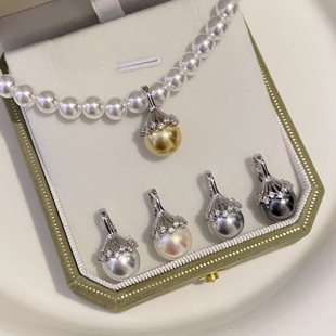 高级感人造澳白akoya单颗珍珠吊坠万能扣S925银精致气质毛衣项链