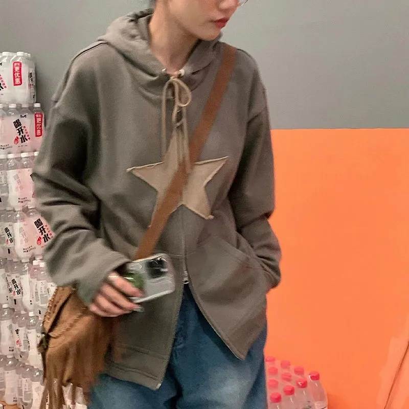 Hip Hop Zip Up Hoodies Women Vintage Star Patch Loose Pocket