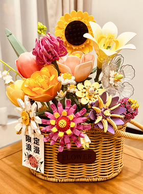 Bros Block国产积木治愈花篮小颗粒拼装花束桌面摆件女神节送礼物