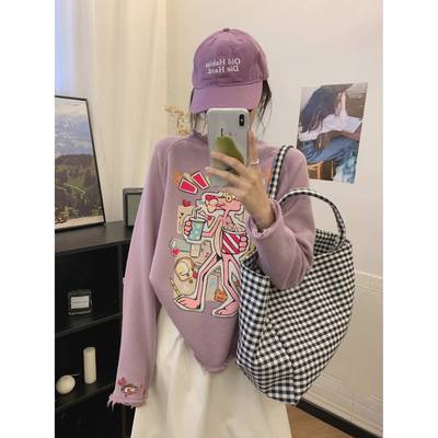 冬季金喜纸袋家350纯棉毛圈「洋气卷边粉豹」无感水印卫衣女2575