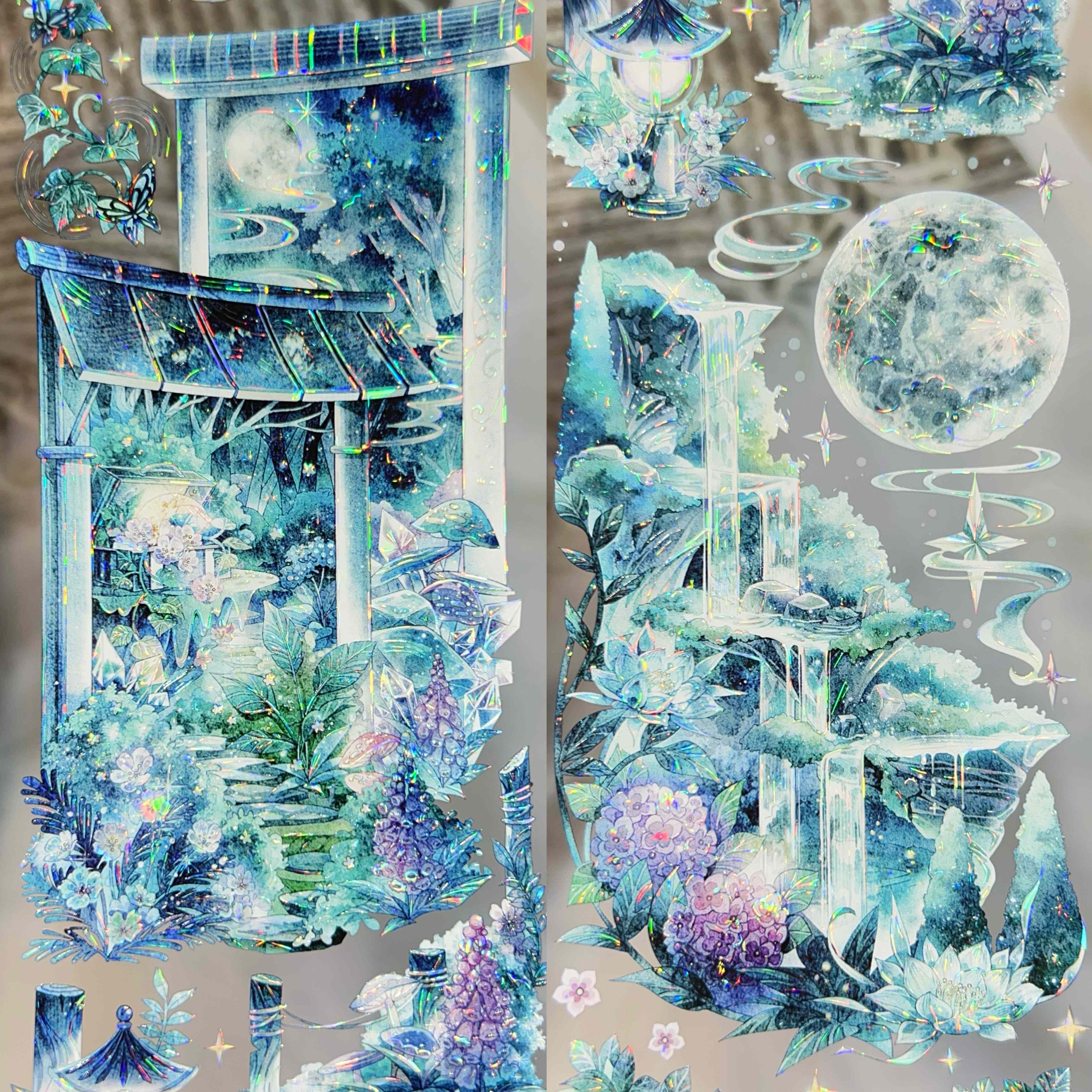 喵啪叽分装手账胶带幽林深处夜色欲浓四时青阳海芋恋花朵背景小草