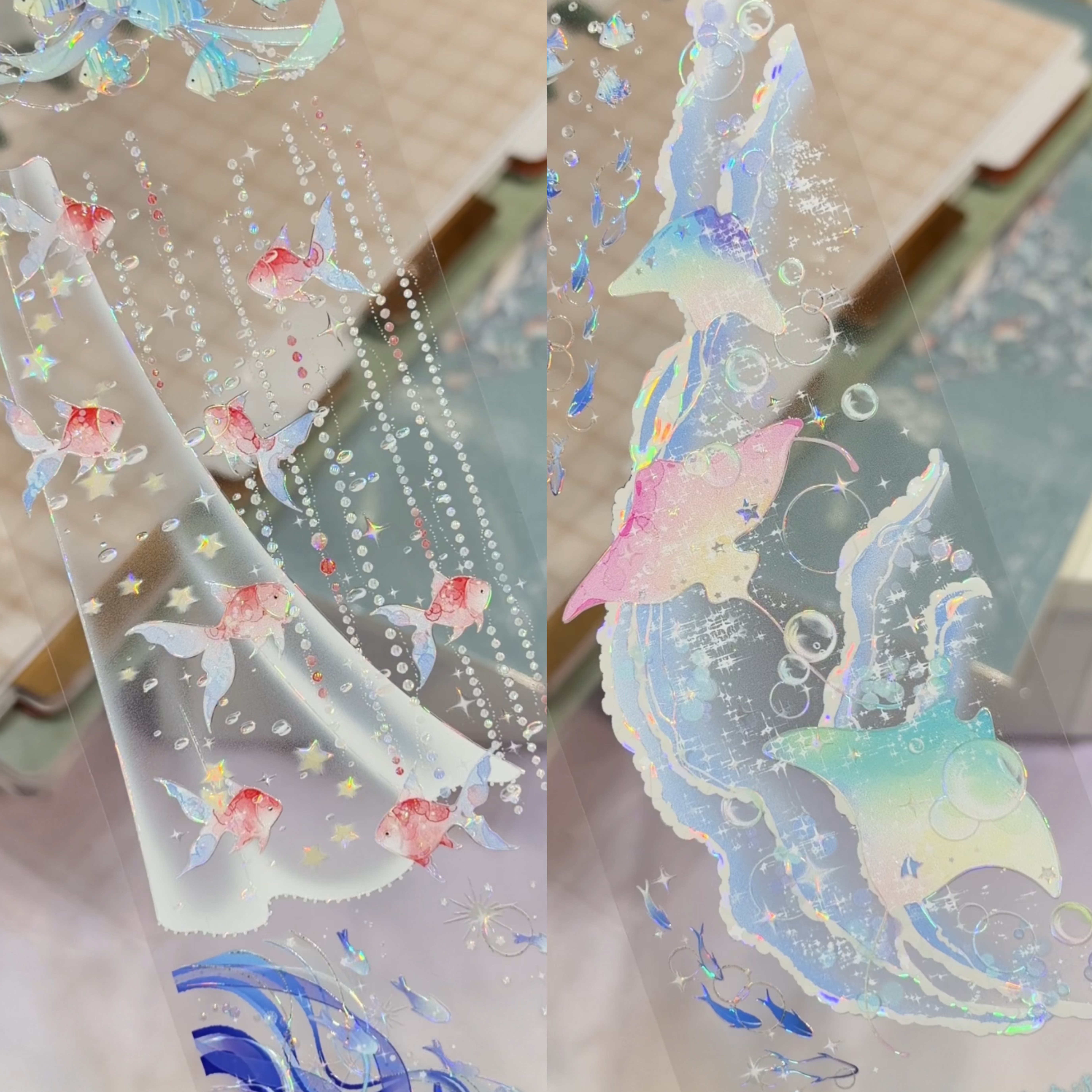 雾中星分装游鱼逐流光洋系列鱼群彩色海底光束手账胶带咕卡背卡