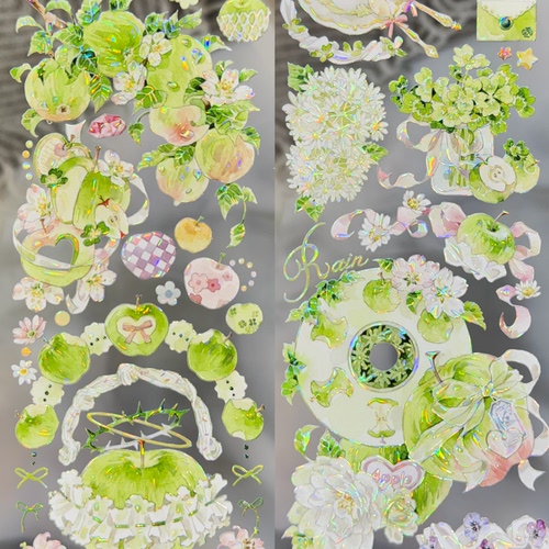 StudioVI分装手账胶带热海青苹果绿系绿叶透明流麻咕卡手机背卡