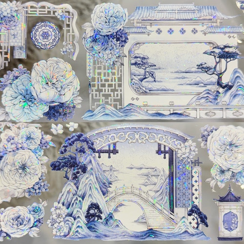 StudioVI分装手账胶带暝洲闻鹭青花古韵竹影迎桂古风流麻咕卡