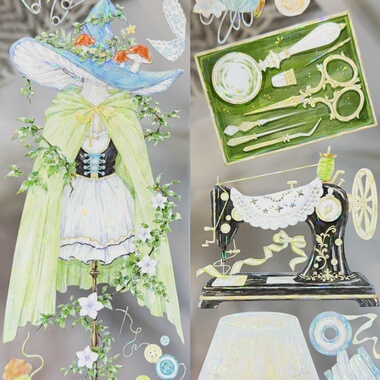 百岚分装手账胶带暖雨缝纫系列绿色流麻咕卡手机背卡小物素材