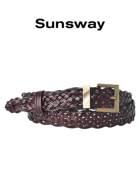 sunsway编织复古腰带女黑色皮质金属扣百搭装饰皮带美拉德风时尚