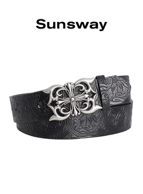 SUNSWAY复古风十字架雕花暗黑皮带男女erd金属扣黑色亚文化腰带