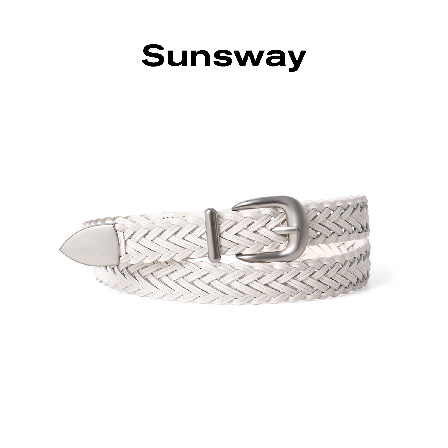 sunsway编织复古腰带女真皮免打孔金属白色简约高级百搭装饰皮带