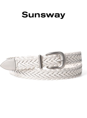 sunsway编织复古腰带女真皮免打孔金属白色简约高级百搭装饰皮带