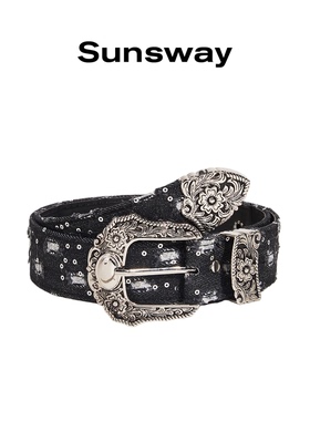 SUNSWAY原创复古雕花牛仔布腰带男女辣妹小众设计潮流y2k亮片皮带
