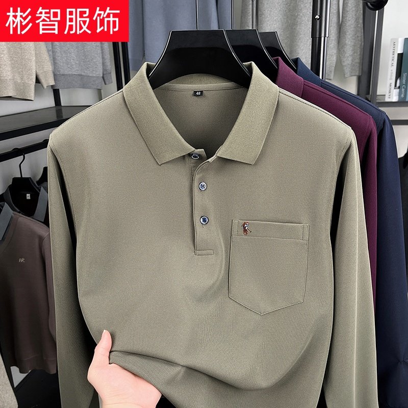 桑蚕丝长袖t恤男士秋冬新款翻领真口袋POLO衫休闲宽松打底衫男装
