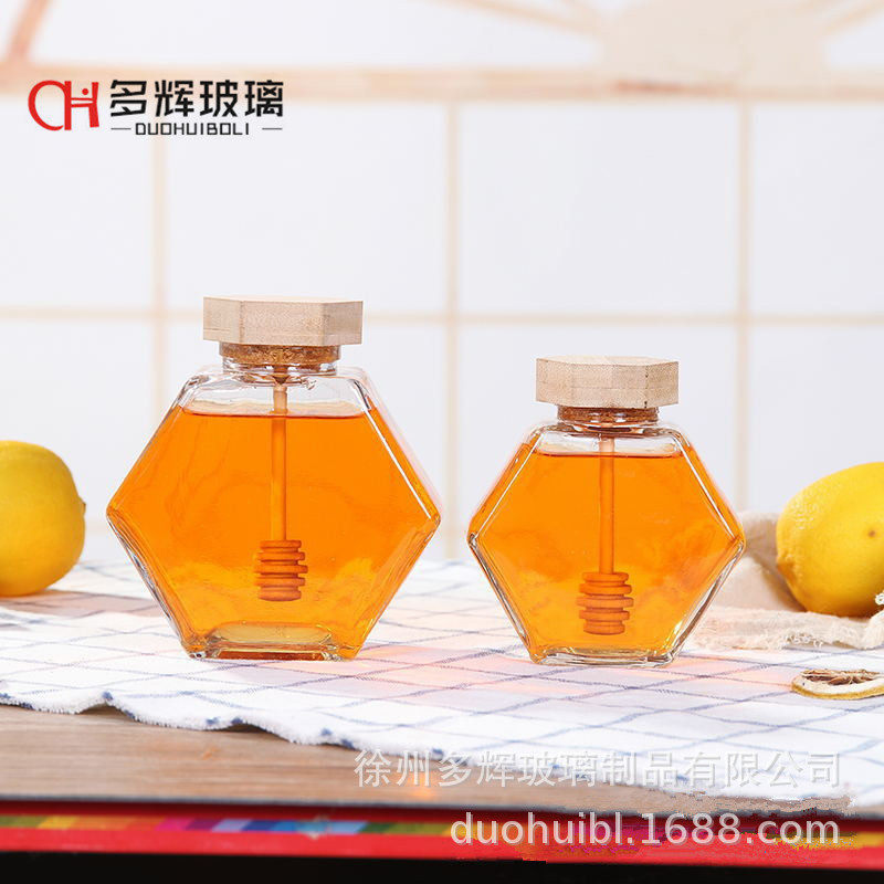 现货蜂蜜瓶加厚果酱瓶六棱蜂巢蜂蜜瓶家用六角密封瓶带木盖玻璃瓶