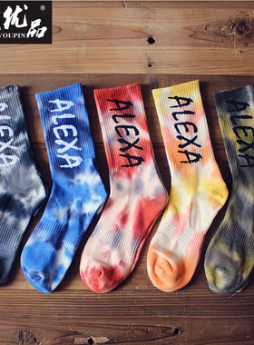 开明优品袜子男士中筒袜ins潮流扎染潮牌字母韩版学院风高帮长袜