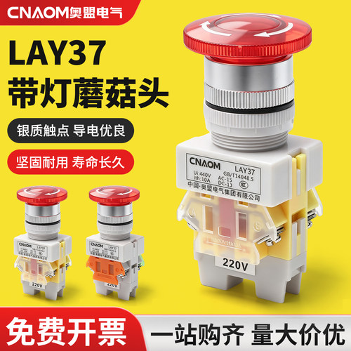 带灯急停按钮开关 LAY37-11ZSDN自锁蘑菇头 Y090紧急停止常闭220v