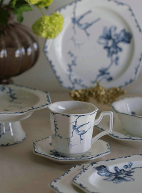 法式中古复古蓝色花卉甜品盘vintage异形陶瓷盘汤盘平盘