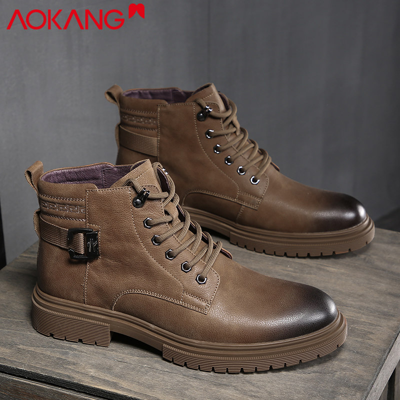奥康马丁靴男英伦风韩版百搭加绒棉靴真皮高帮皮靴休闲中帮工装靴