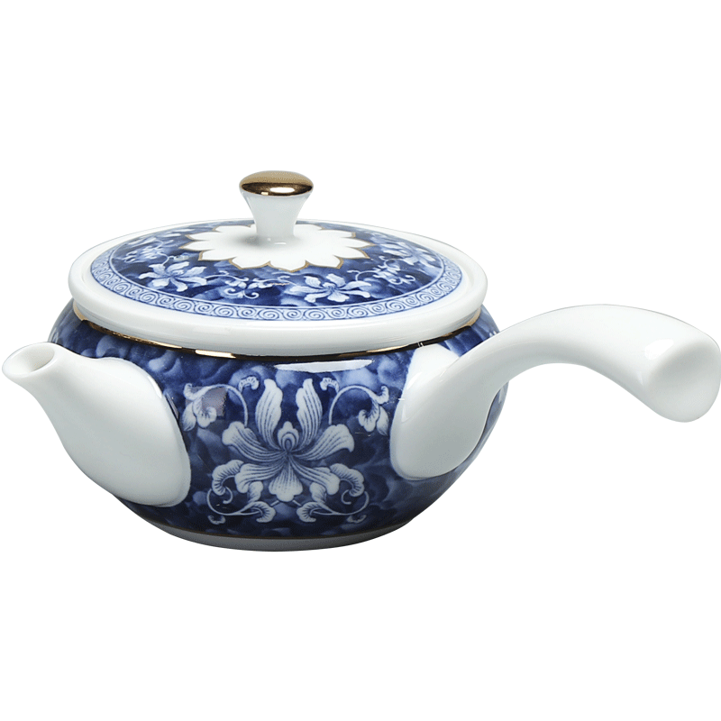 新品 锦上添花侧把青花瓷茶壶 悦心壶手工陶瓷壶功夫茶具描金壶