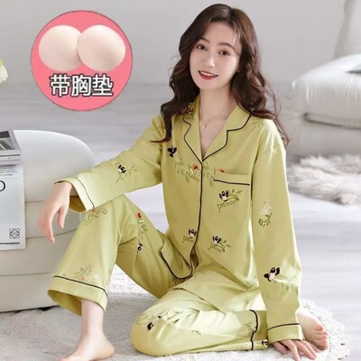 秋天睡衣女春秋100%纯棉夏季带胸垫防凸点长袖长裤开衫家居服