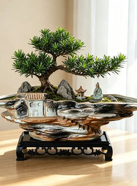 中式浮雕陶瓷盆景花盆土培盆室内桌面迎客松榆树绿植造景栽种盆