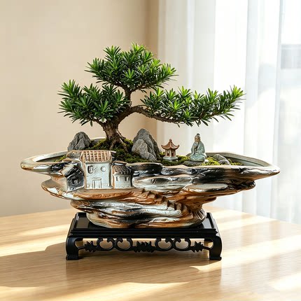中式浮雕陶瓷盆景花盆土培盆室内桌面迎客松榆树绿植造景栽种盆