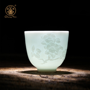 景德镇功夫茶具小茶杯 昌南陶瓷品茗杯 影青雕刻主人杯单杯闻香杯