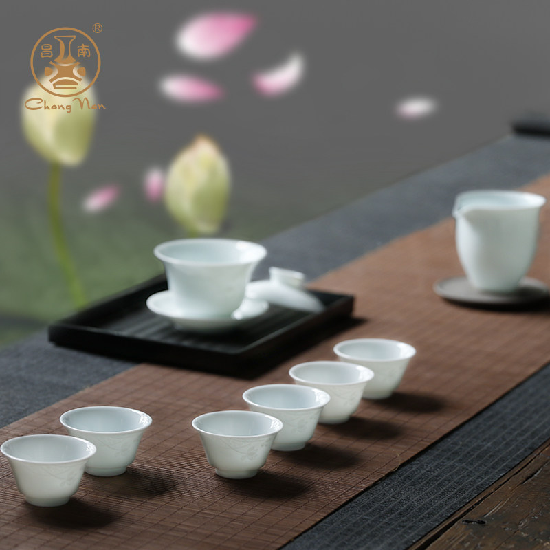 昌南莲开并蒂功夫茶具套组景德镇中式盖碗公道杯品茗杯茶具套装