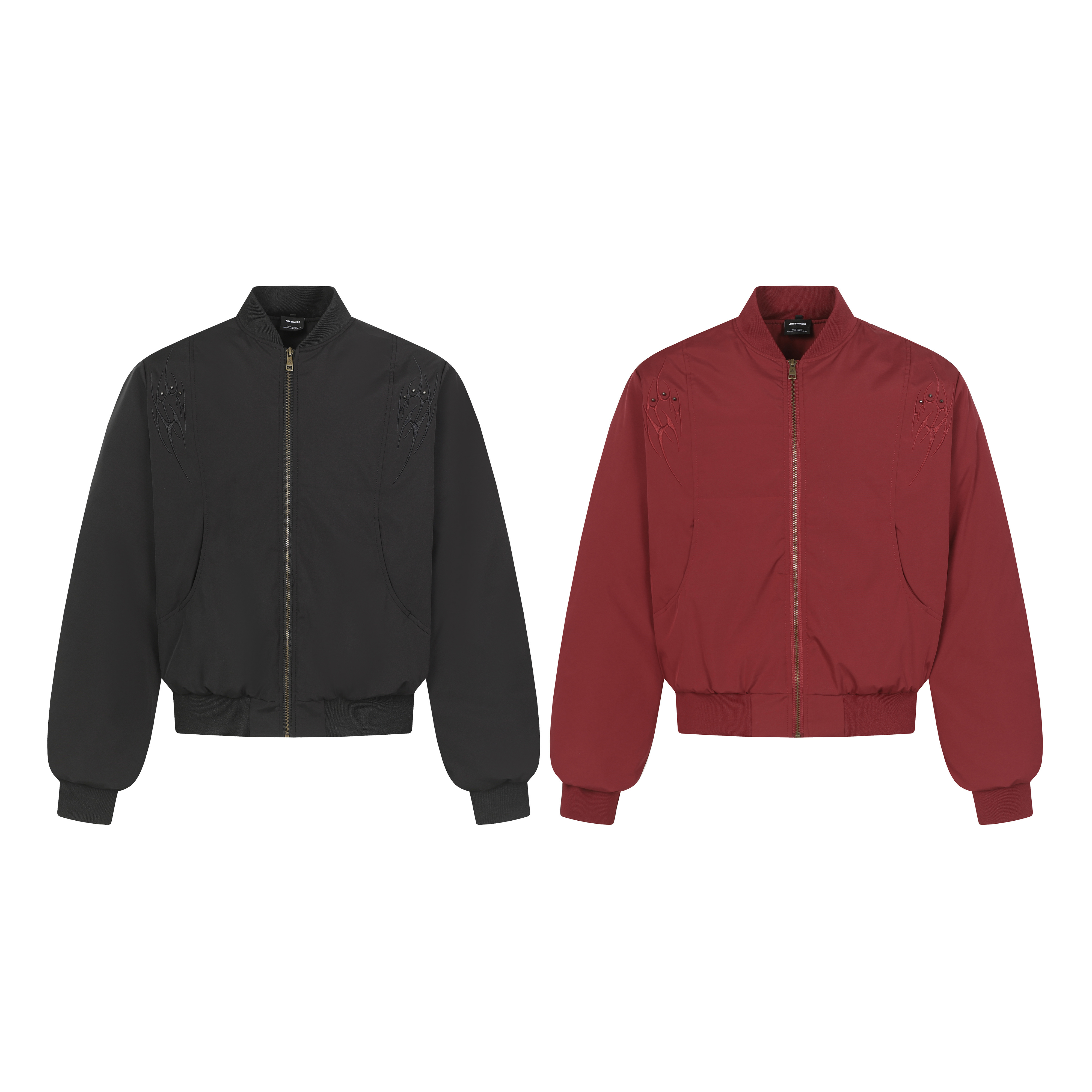 黑红两色棒球领暗纹夹克