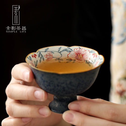 焦糖釉下手绘高足茶杯复古粗陶防烫主人杯藤花篮韵圆口功夫茶单杯