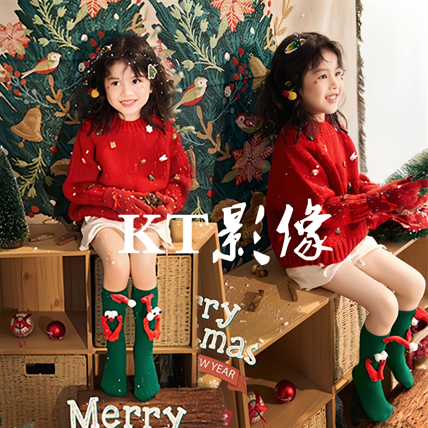 新款女童新年圣诞红色毛衣写真服