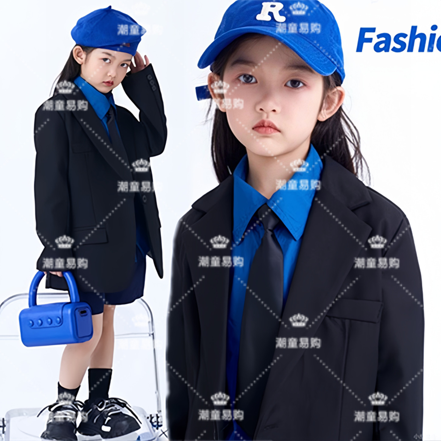 女童模特主题造型写真儿童幼儿园克莱因蓝舞T台走秀表演出潮服装