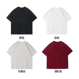 支双纱索罗纳领纯棉夏季圆领线条拼接情侣短袖恤