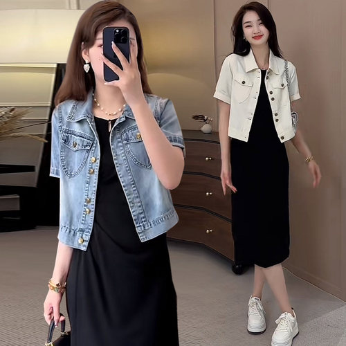小个子时尚薄款牛仔短袖衬衫上衣