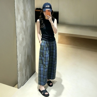 爆款复古慵懒风格子九分阔腿裤女装2026夏季小个子时尚显瘦休闲裤