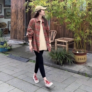 爆款复古港风格子衬衫外套女装2026春季韩系时尚洋气中长款上衣