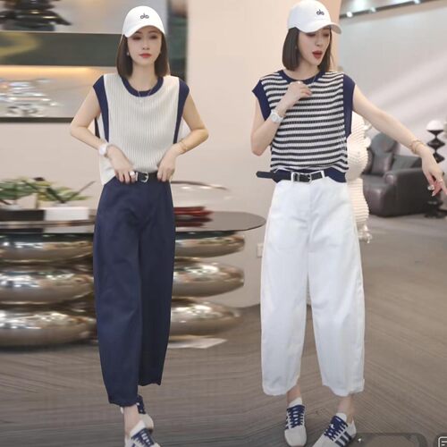 韩系无袖小衫+九分气球裤两件套