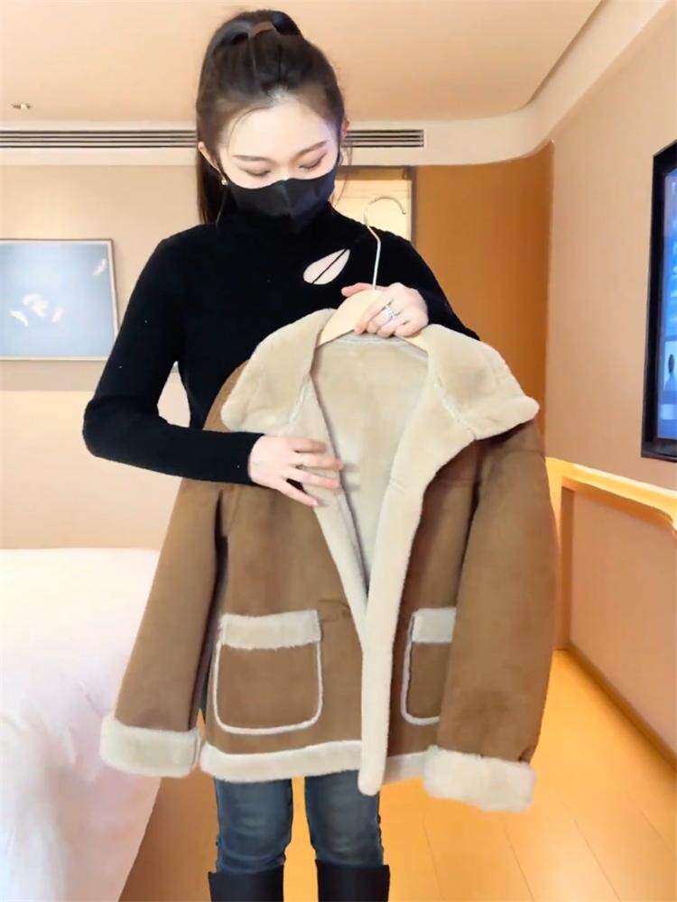 爆款皮毛一体羊羔毛加绒毛毛外套女装2024秋冬休闲加厚鹿皮绒棉衣