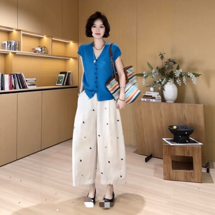 韩系V领短袖针织开衫+九分阔腿裤两件套女装2026夏穿时尚减龄套装