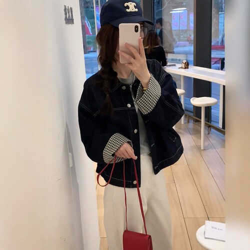 小个子韩系洋气撞色牛仔短外套