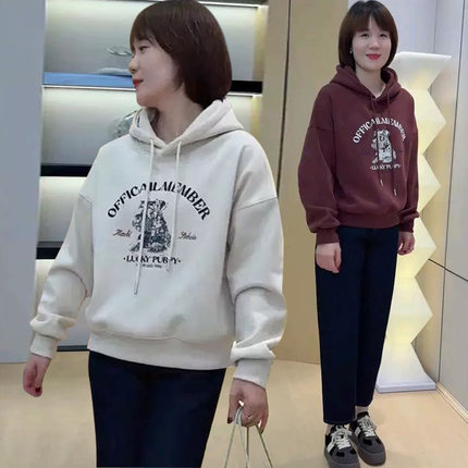 爆款连帽加绒加厚短款印花卫衣女2024秋冬新款设计感休闲上衣外套