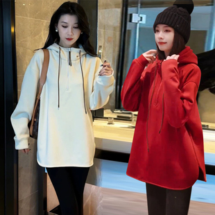 爆款红色加绒加厚连帽中长款卫衣女秋冬设计感超好看流行上衣外套