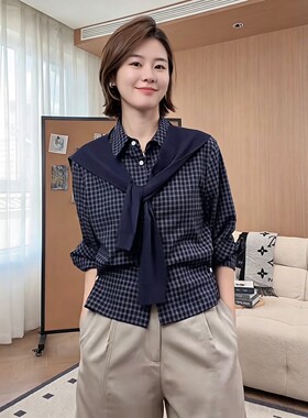 韩系设计感格子披肩长袖衬衫