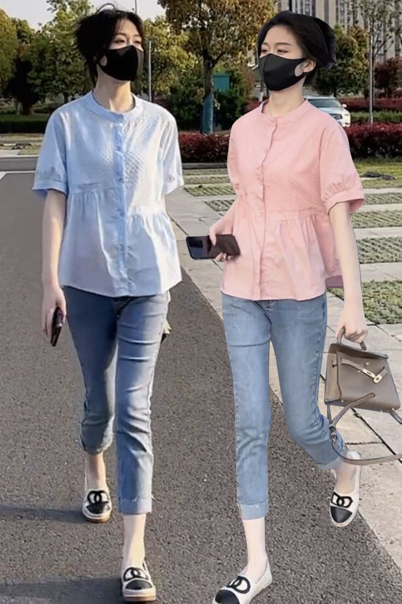 圆领短袖拼接设计感宽松衬衫女2024夏季新款休闲显瘦百搭衬衣小衫_虎窝淘