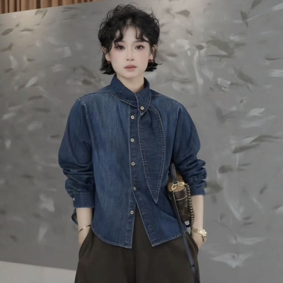 小个子秋冬立领系带牛仔衬衫