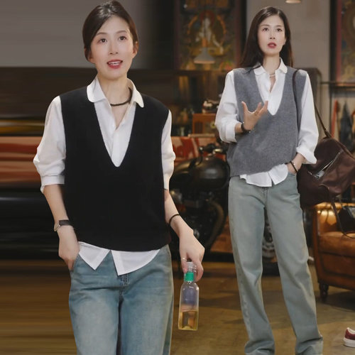 高端V领叠穿针织马甲软糯上衣