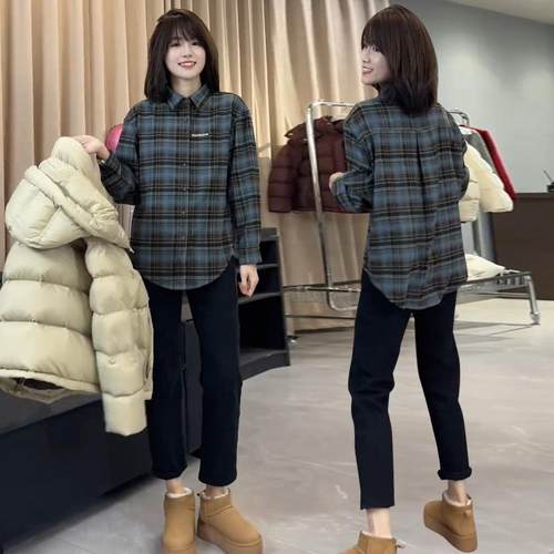 爆款小个子字母刺绣磨毛格子衬衫