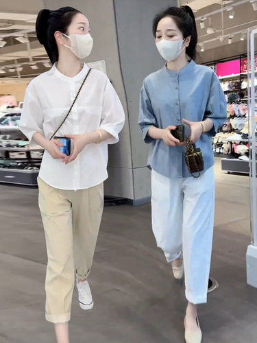 时尚薄款立领五分袖衬衫休闲开衫