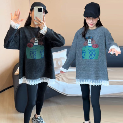 今年流行蕾丝拼接加绒卫衣女秋冬爆款超好看中长款宽松打底衫上衣