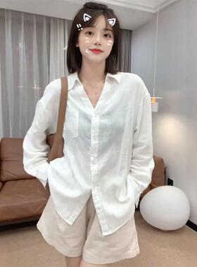 正品防晒亚麻白色衬衫女装2026春装新款宽松休闲棉麻衬衣开衫上衣